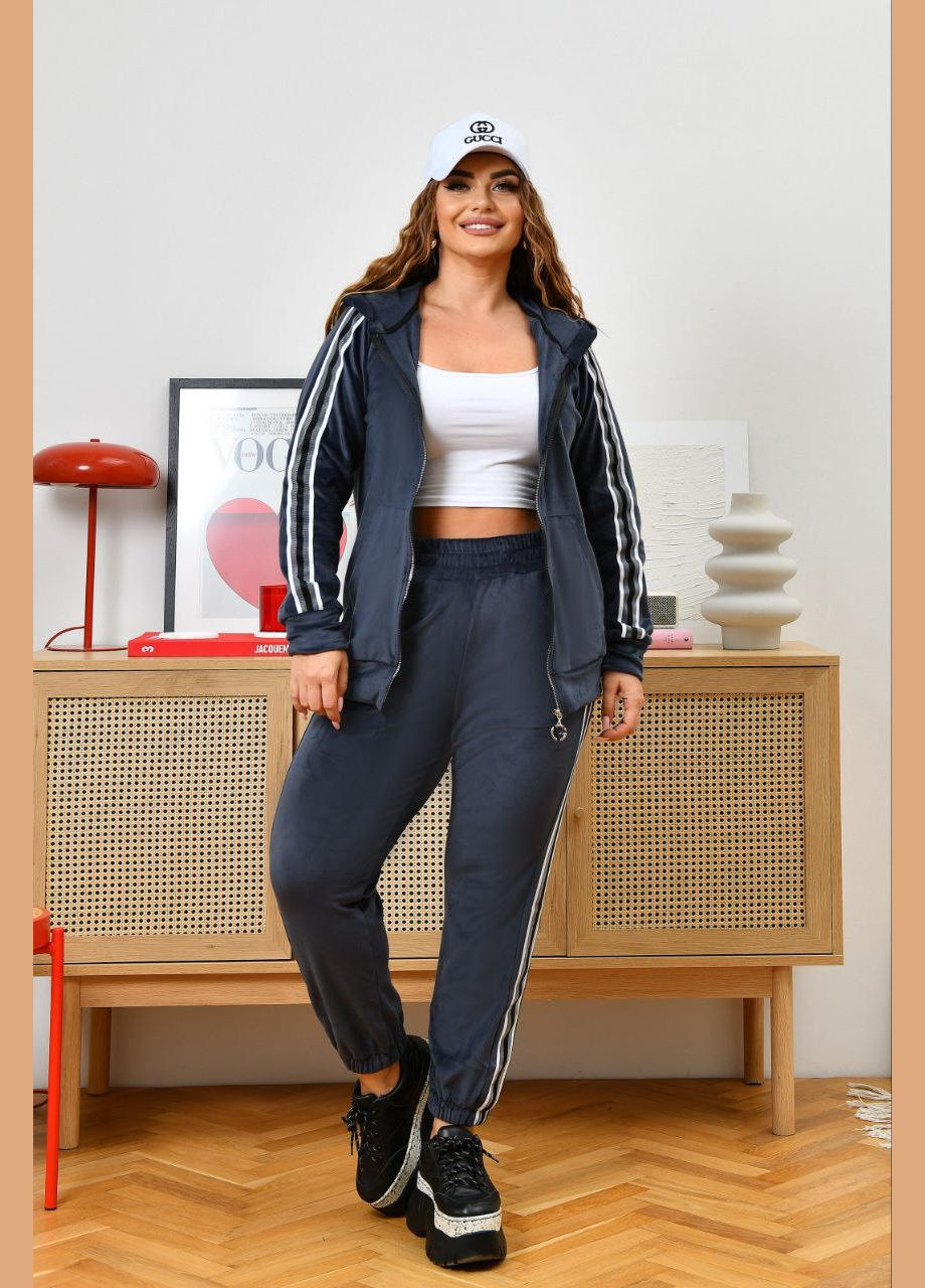 Жіночий велюровий костюм на хутрі великих розмірів з лампасами сірий You Best (303106988)