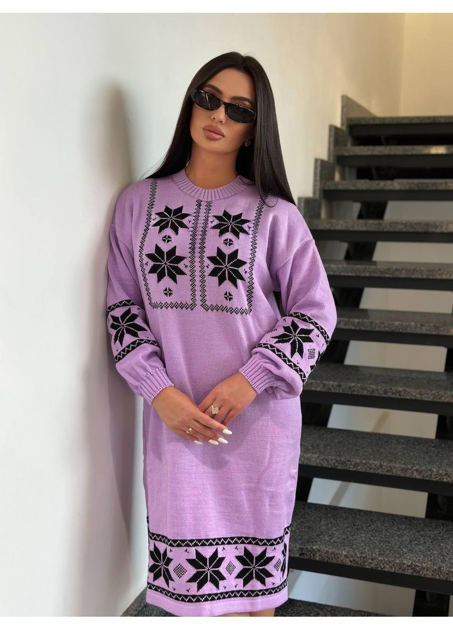 Сиреневое праздничный, повседневный, кэжуал женское вязаное платье No Brand с орнаментом