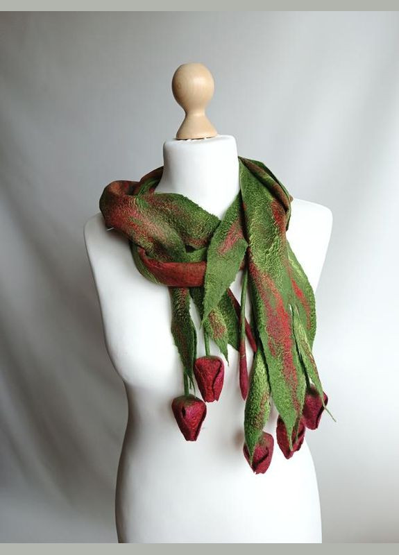 Шарф з тюльпанами, мокре валяння вовни меринос і шовку, ручна робота Hand Made (330766788)