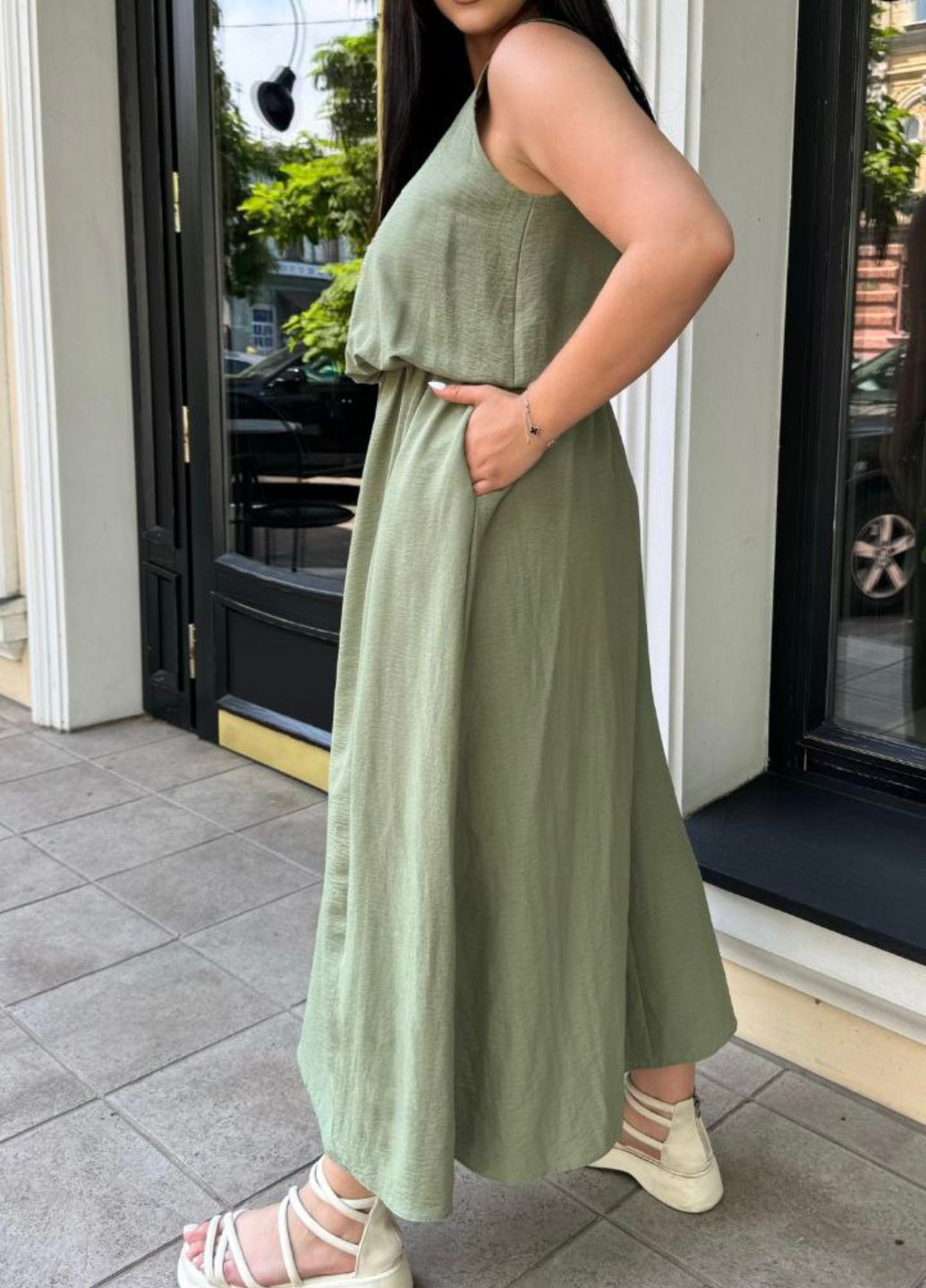 Оливковое повседневный изысканное легкое повседневное летнее меди платье без рукавов с карманами и украшенное камешками Tik-Tak с рисунком