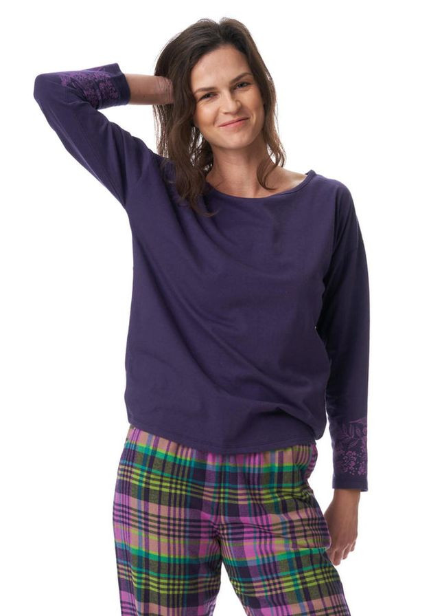 Фіолетова всесезон фланелева піжама зі штанами в клітинку кофта + брюки Key LNS 410 B23 violet