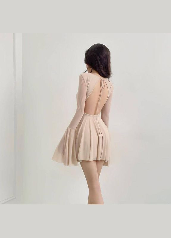 Бежева красива коротка бежева сукня з довгим рукавом і відкритою спиною з тканини: олія+сітка, приємна до тіла сукня No Brand