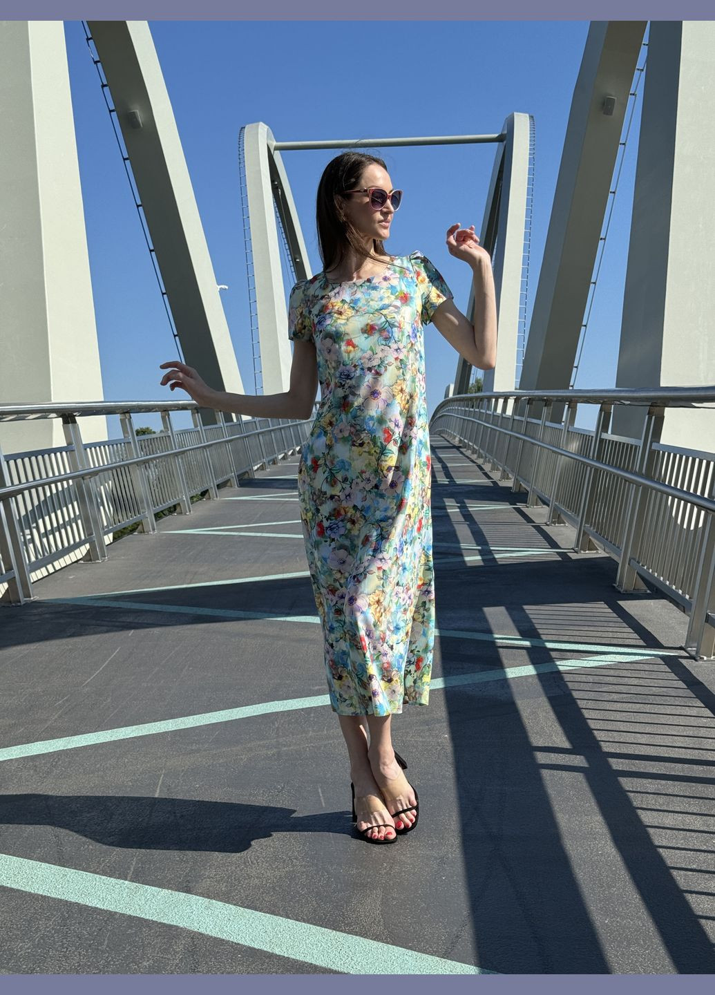 Комбінована бірюзова сукня максі з акварельним малюнком 5781 Cat Orange