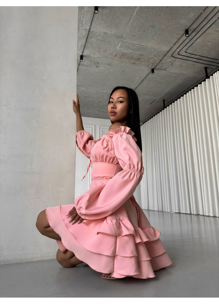 Пудрова вечірня сукня міні з воланами та шнурівкою • ніжна й жіночна • заміри в описі GD/GL Модний простір однотонна