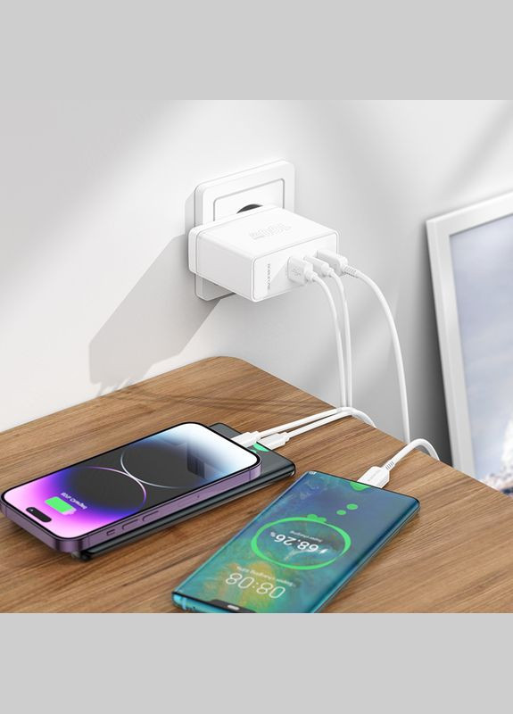 Зарядний пристрій із швидкою зарядкою + кабель Type-C BN11 |USB+2Type-C QC3.0/PD100W| Білий Borofone (337351547)