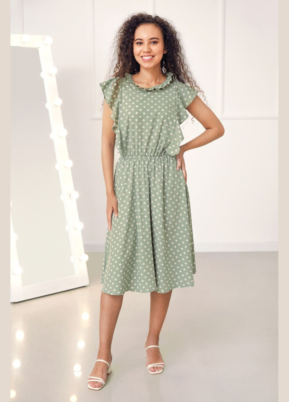 Оливковое платье в горошек с воланами Fashion Girl