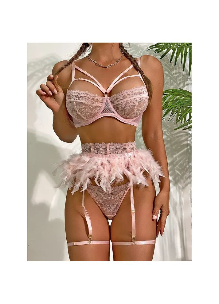 Рожевий демісезонний мереживний комплект із поясом з перами. мереживний комплект нижньої білизни з поясом-спідничкою No Brand
