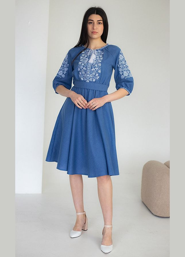 Синяя вышитое женское платье vishivano4ka 117-7 узор цветочный домотканное полотно (329902140)
