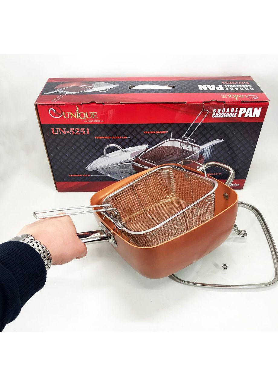 Сковорода-фритюрниця UN-5251 квадратна антипригарна з пароваркою та каструлею + скляна кришка 24 см Unique (367860883)