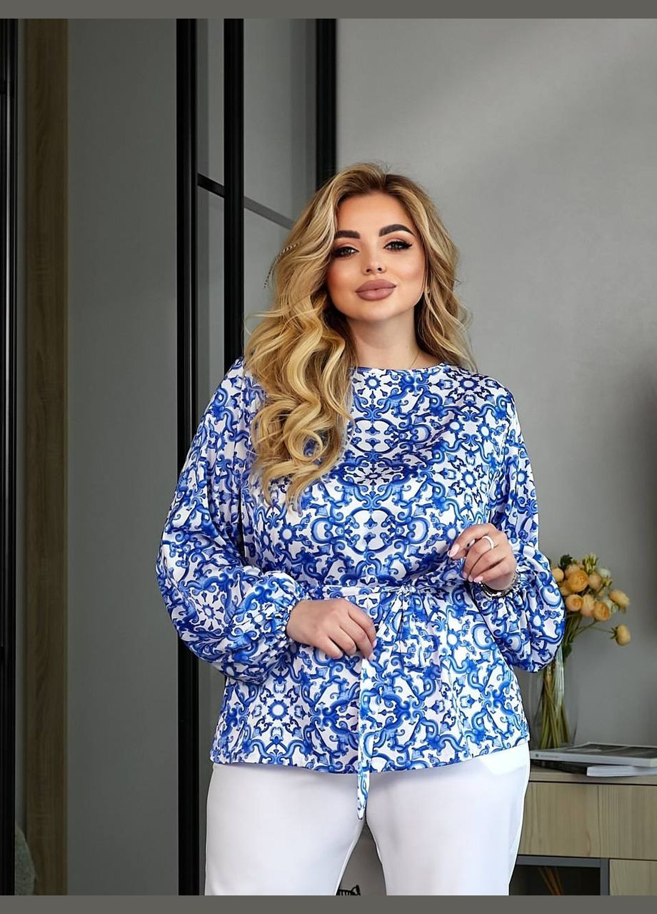 Синяя женская блуза свободного кроя из шелка цвет синий р.48/52 454684 New Trend