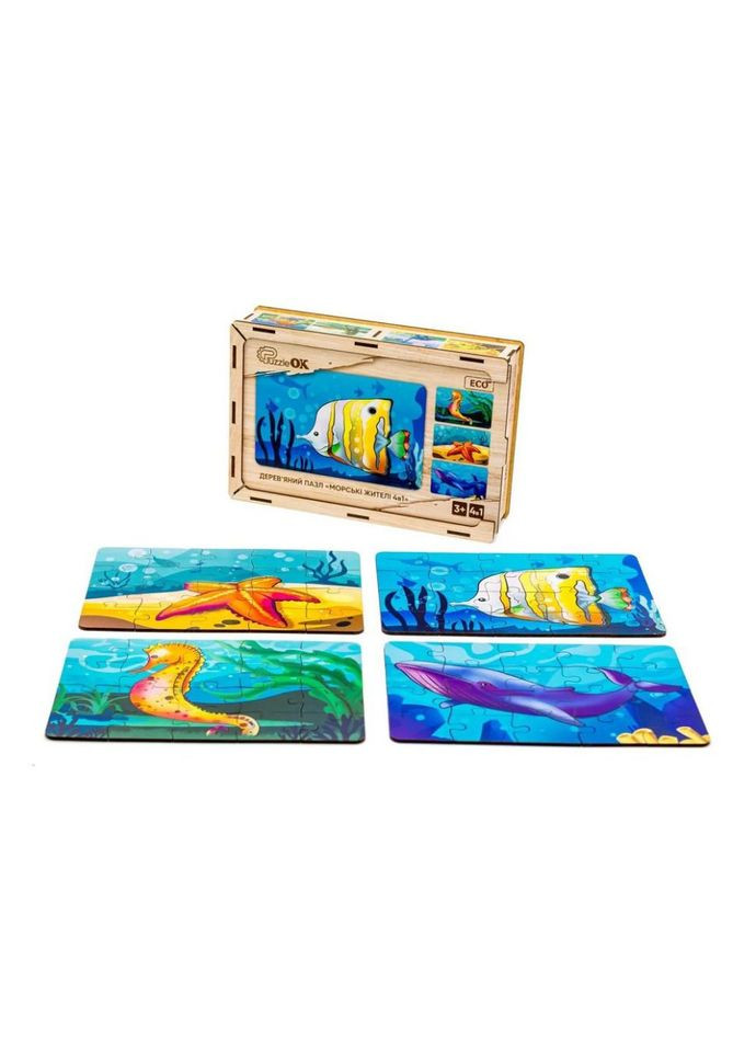 Дитячий дерев'яний пазл Морські жителі 4 в 1 Puz-57896, 80 елементів No Brand (356675989)