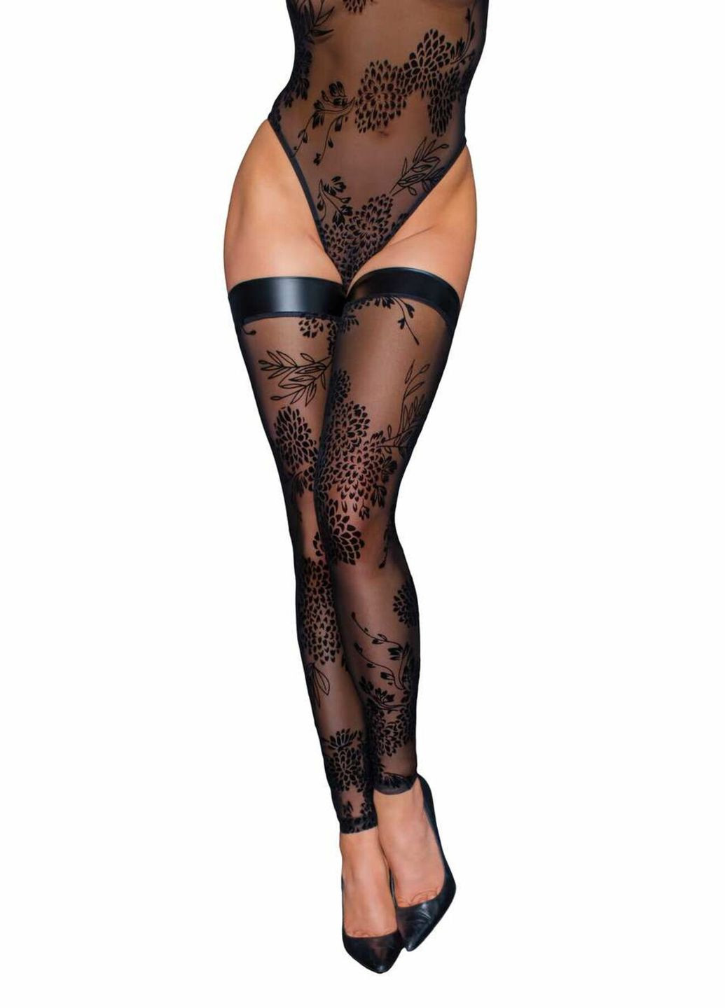 Панчохи F243 Tulle stockings with patterned flock embroidery – Noir Handmade (297587365)