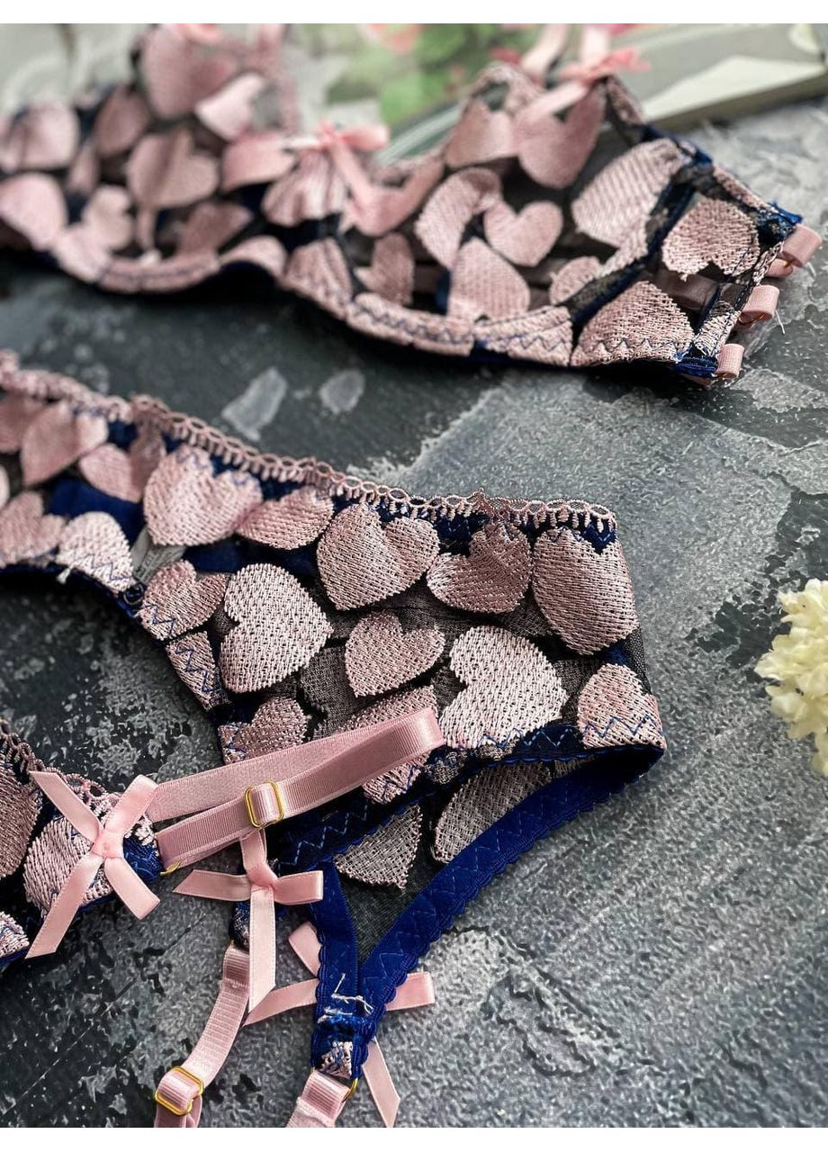 Комбинированный демисезонный комплект женского белья с сердечками / кружечный комплект с подвязками розово-черный / романтичное белье с вышивкой 💖 No Brand