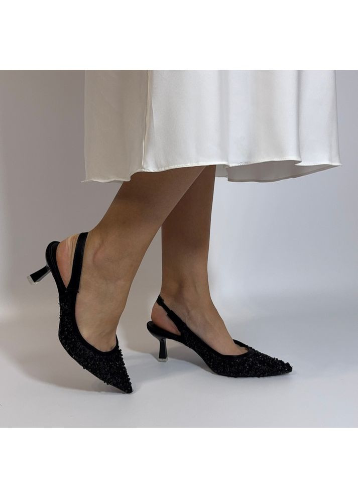 No Brand Женские туфли слингбек с бисером 6,5 см, цвет Черный слингбеки черный з текстиль, — лето (351394461)