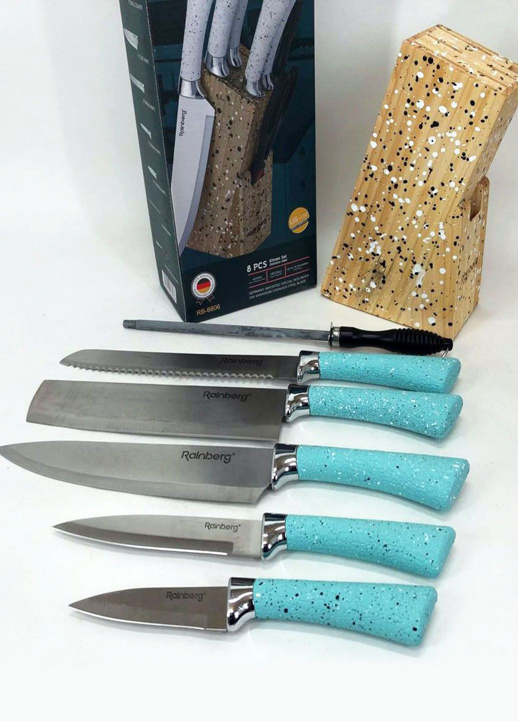 Набор ножей с ножницами и подставкой из нержавеющей стали 8 предметов Rainberg RB-8806 голубые, нержавеющая сталь