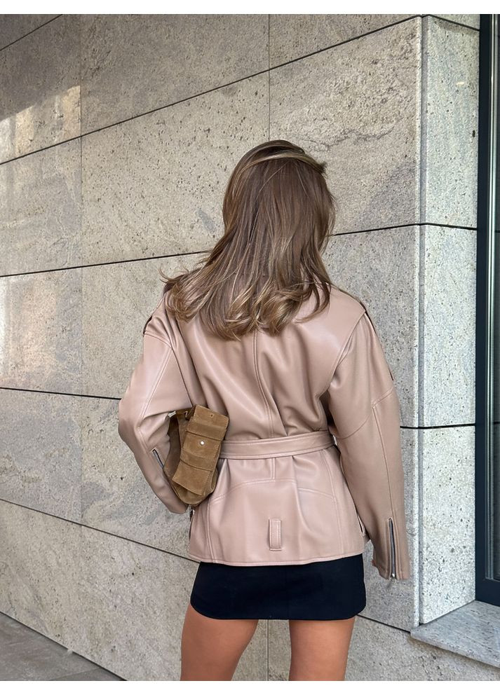 Бежевая демисезонная женская куртка из экокожи pilot с карманами и поясом (mil375) milirud