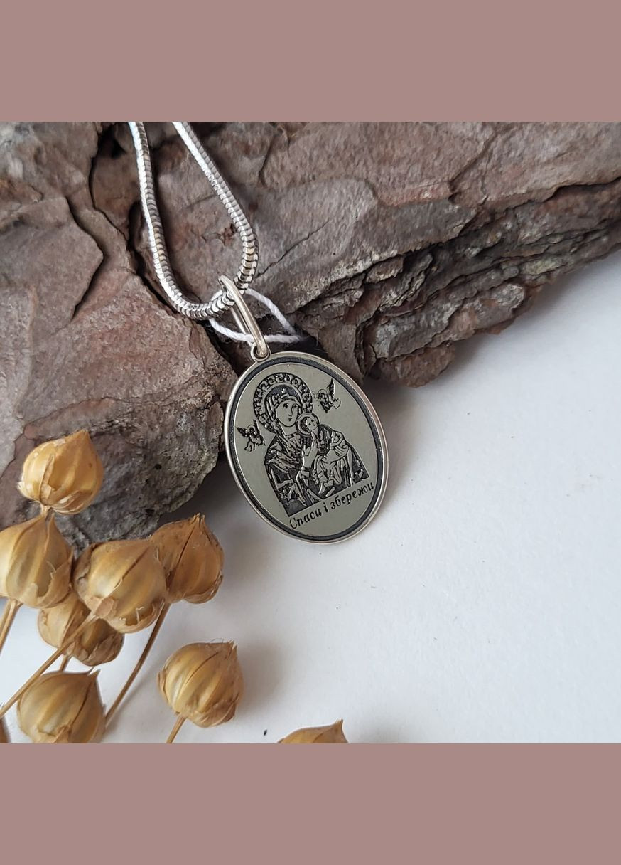 Срібна ікона ладанка підвіс Богородиця Пристрасна срібло 925 проби чорнене 1022 1.27г No Brand (306743065)