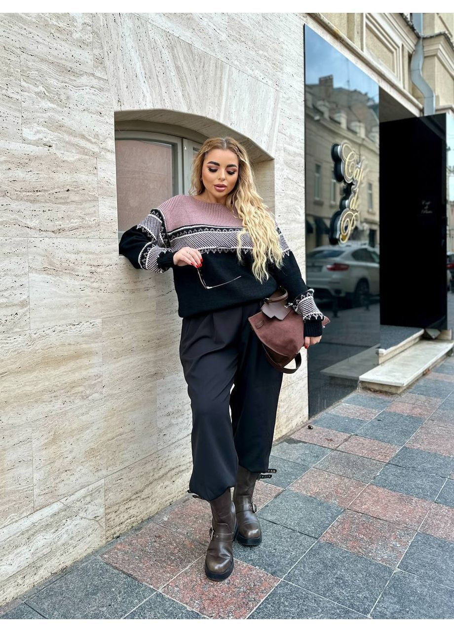 Чорний зимовий теплий напіввовняний светр із ніжним вʼязаним візерунком. джемпер BANG__BOOOM