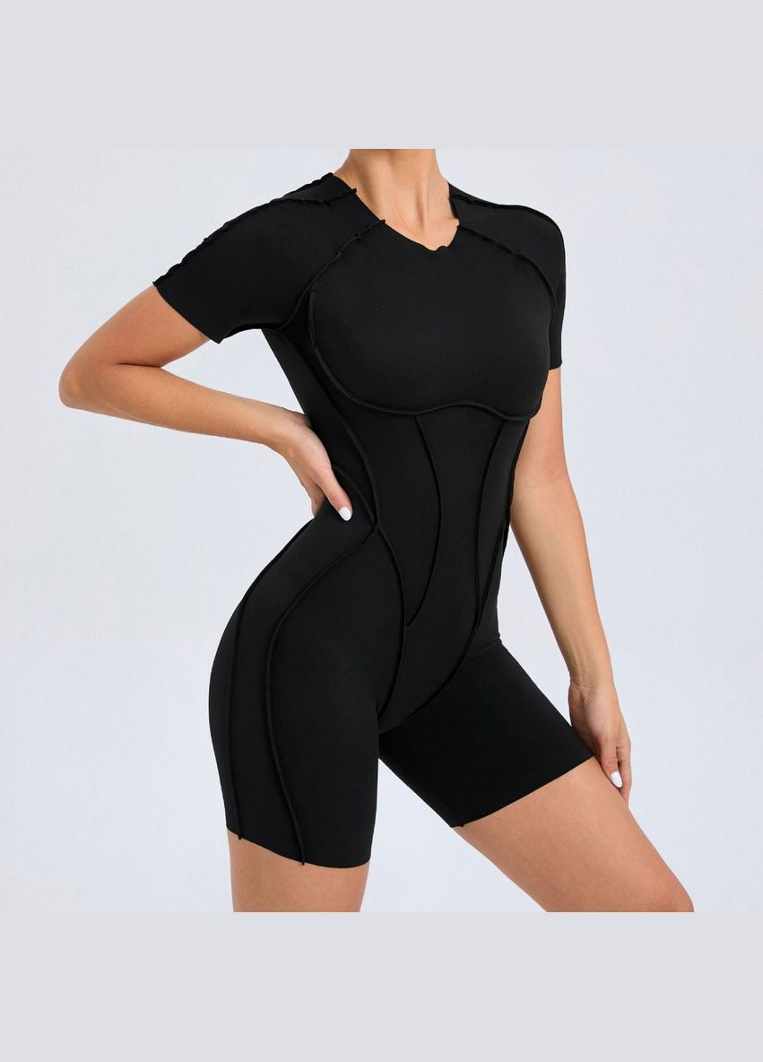 Комбинезон для фитнеса Lines бежевый шортами и коротким рукавом No Brand чёрный нейлон, эластан