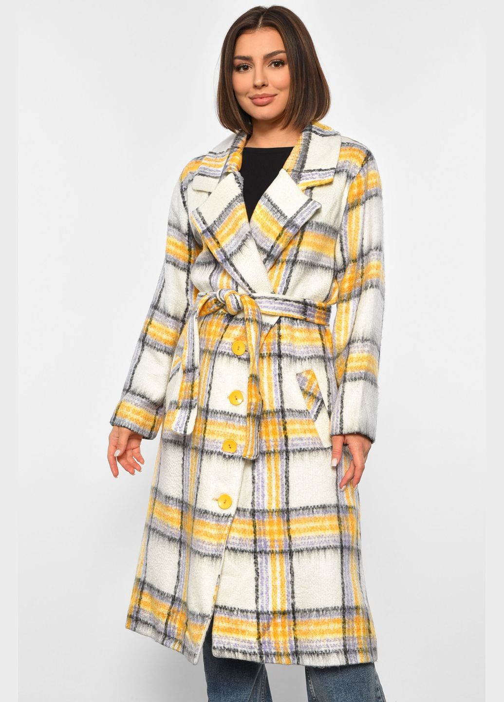 Жовта демісезонна пальто жіноче жовтого кольору в клітинку Let's Shop