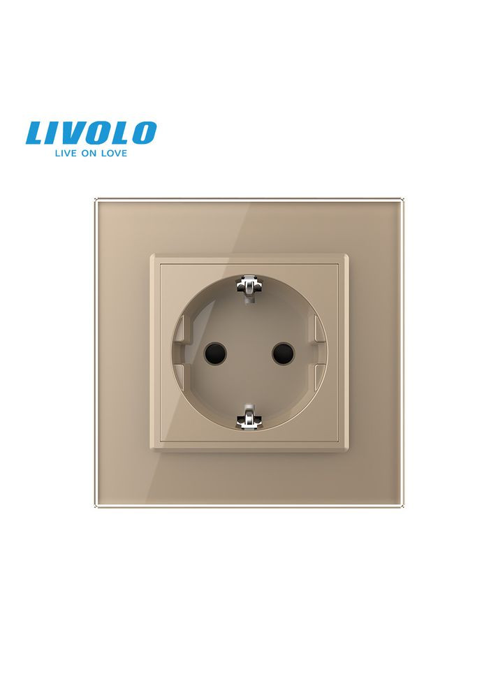 Електрична розетка з заземленням, золота, скляна рамка, шторки, 250В 16А (VL-C7C1EU-13) Livolo (370971444)