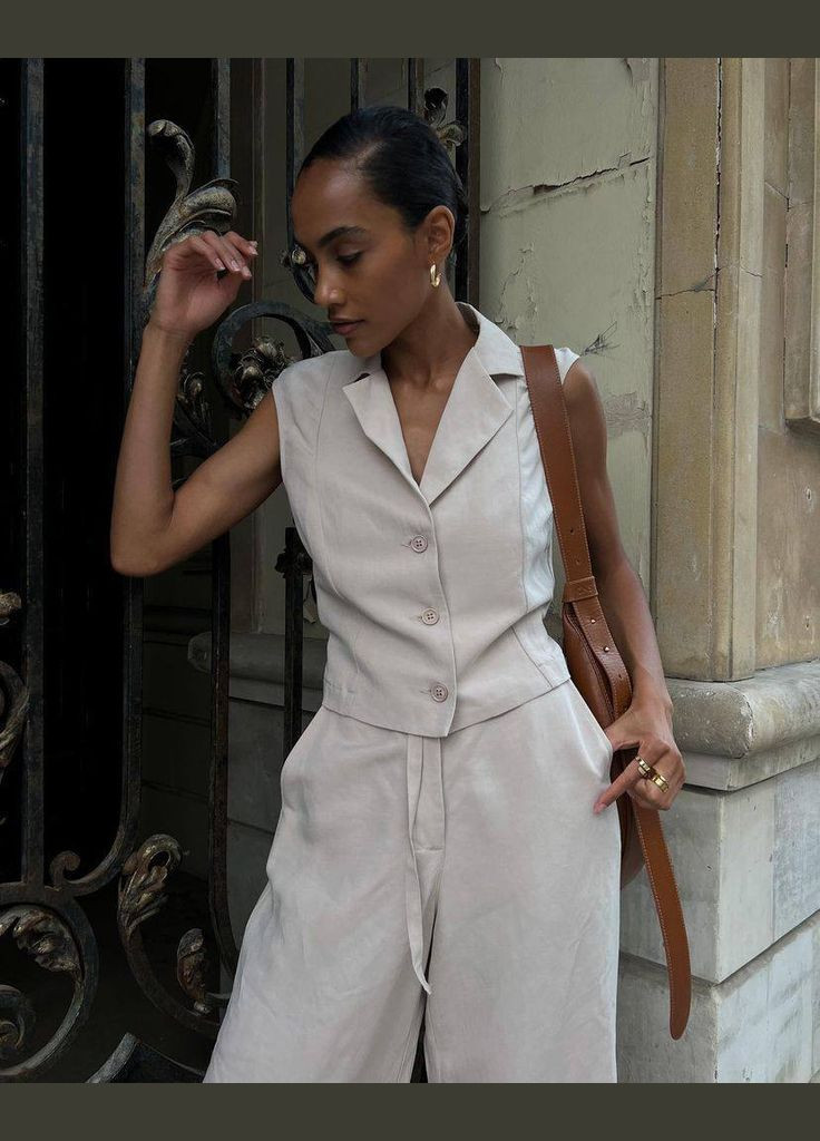 Костюм из натуральной ткани с укороченным жилетом и брюками палаццо Adelante (335013597)