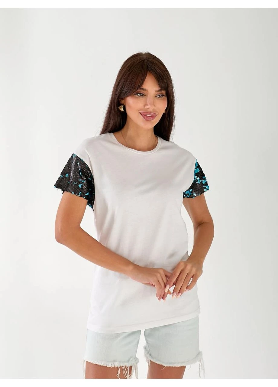 Женская хлопковая футболка с пайетками на рукавах Fashion - (382150269)