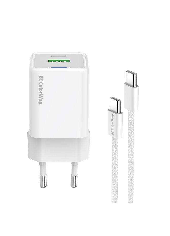 Сетевое зарядное устройство GaN Mini 30W PD Port PPS USB (Type-C PD + USB QC4.0) White (CW-CHS053PDC-WT) + кабель USB Type-C Colorway (336954265)