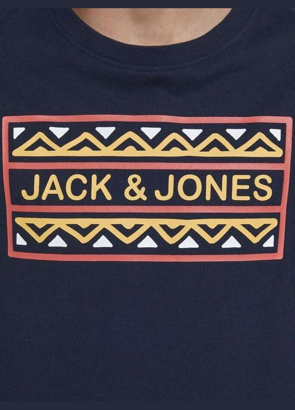 Темно-синяя демисезонная футболка для парня 12180260-2 темно-синяя с орнаментом (152 см) Jack & Jones
