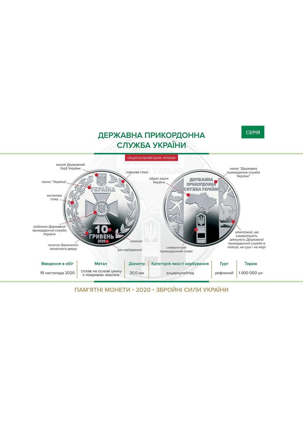 Памятная монета 10 гривен "Государственная пограничная служба Украины" серии ВСУ 2020 года Національний Банк України (372735301)