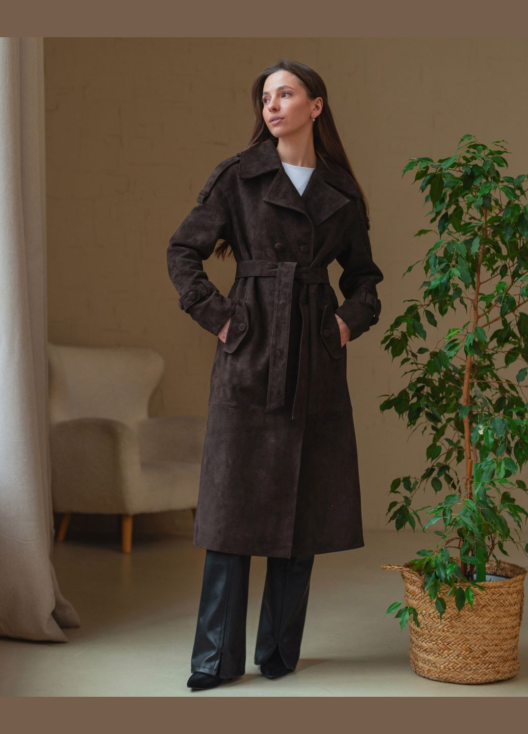 Темно-коричневе Тренч із преміальної щільної замші Vovna Shop