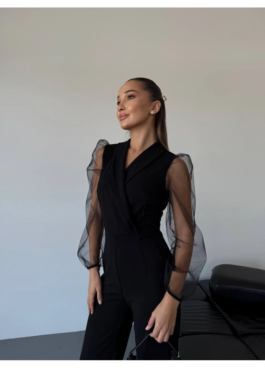 Комбінезон жіночий елегантний Style Point комбінезон-брюки однотонний чорний святковий, діловий, кежуал креп-дайвінг