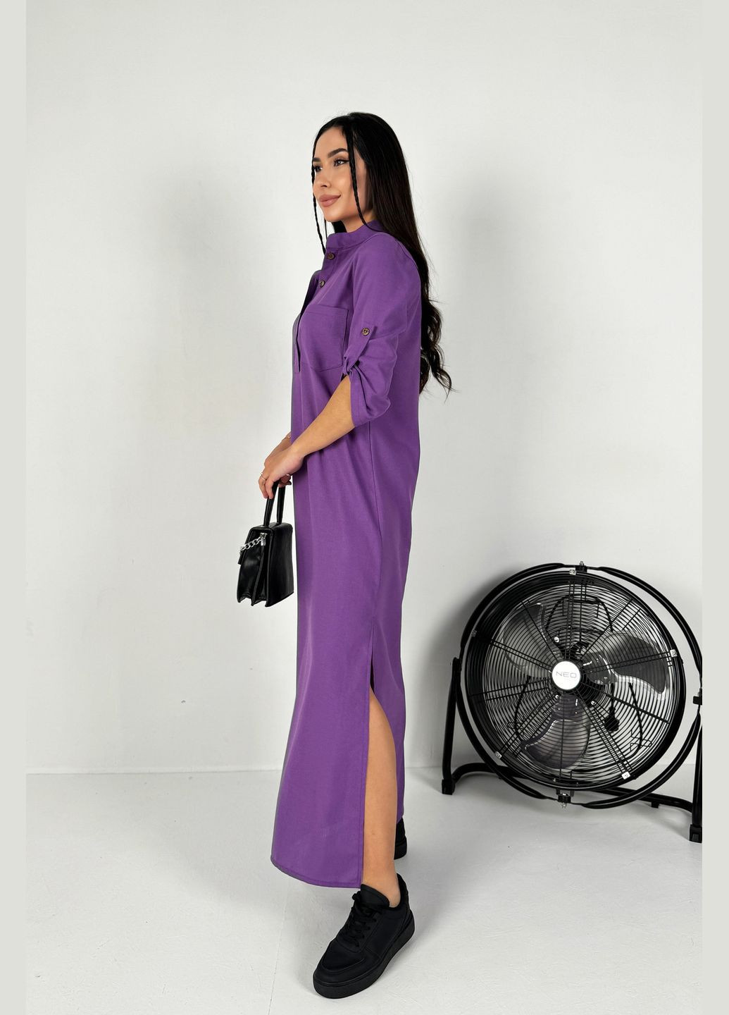 Фіолетова повсякденний, кежуал модна легка довга лляна сукня з розрізами INNOE однотонна