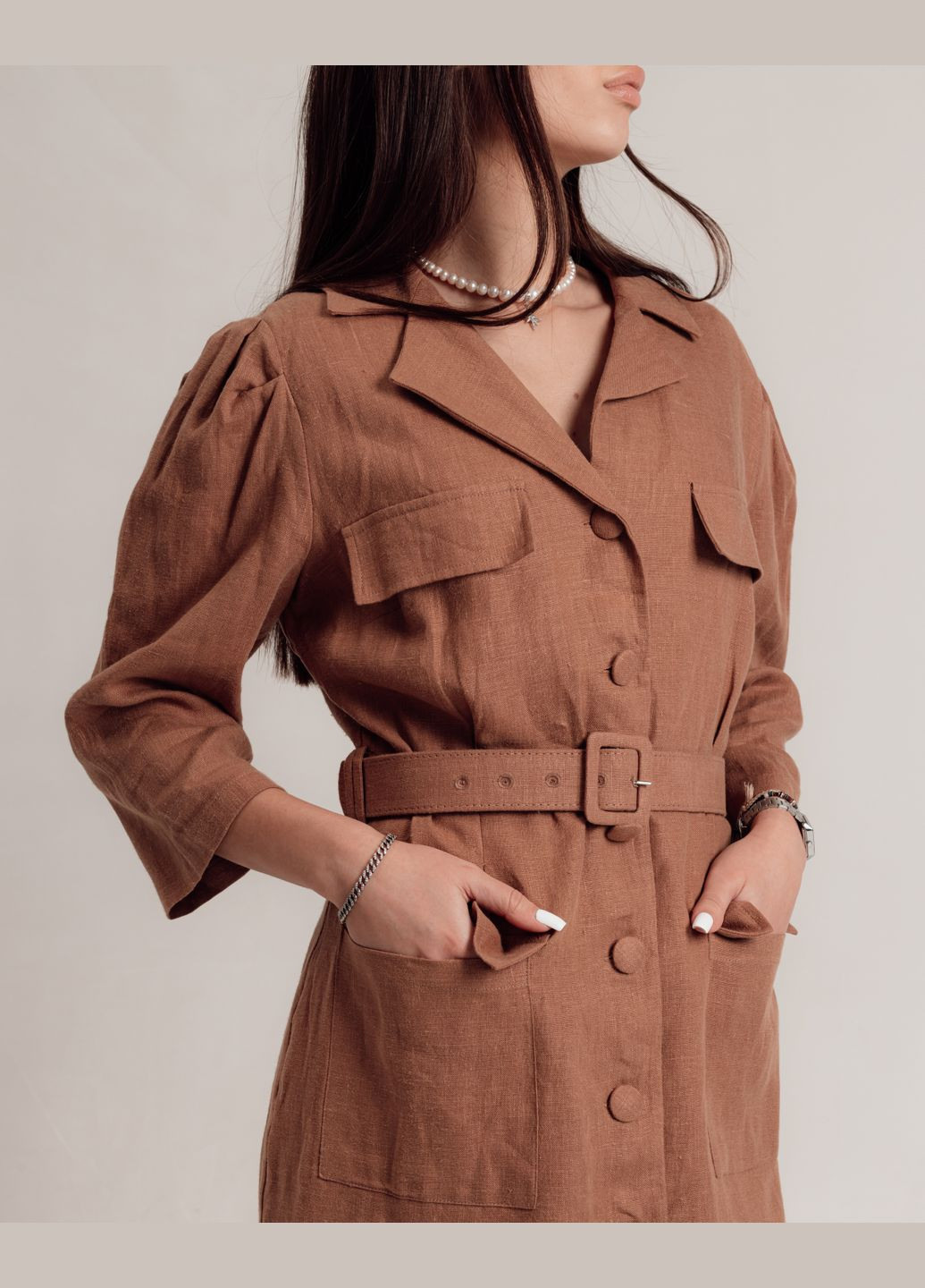 Коричнева кежуал літнє плаття кемел льон Sandrom