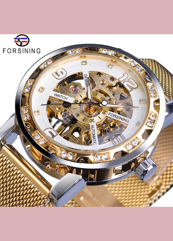 Жіночий механічний наручний годинник Forsining скелетон з відкритим механізмом і камінчиками золотисті з білим (sku_996Б) No Brand (346078212)