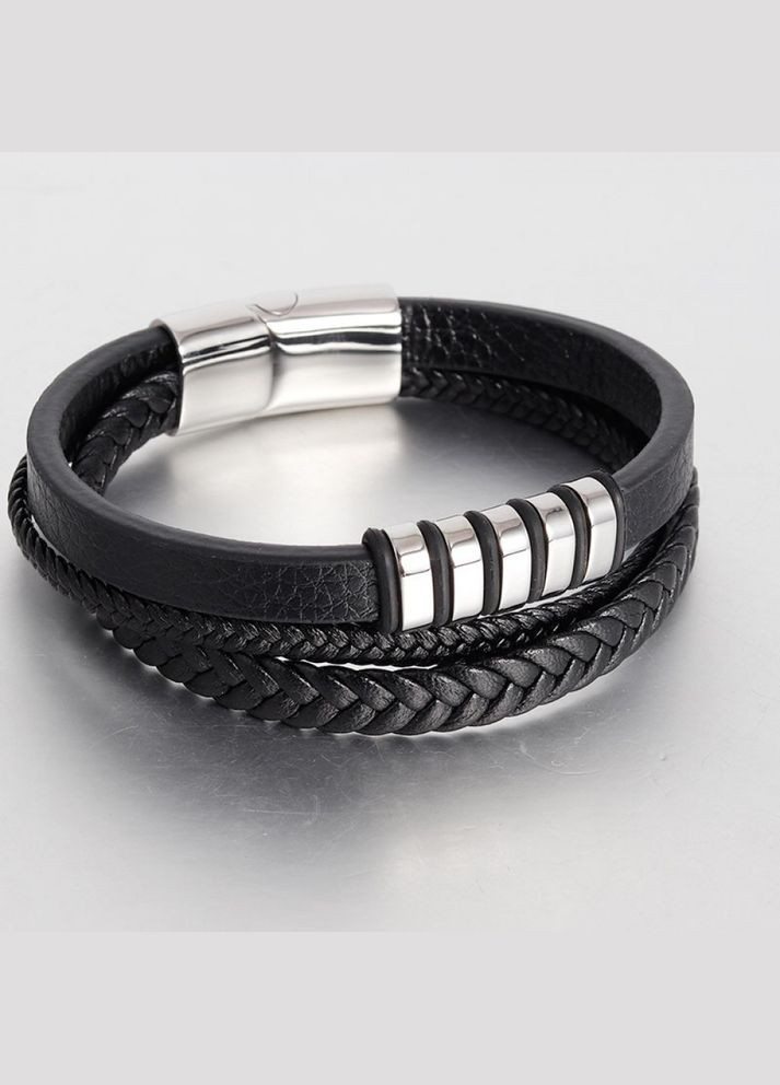 Мужской кожаный браслет плетеный, черный с серебристыми вставками. No Brand (328251243)