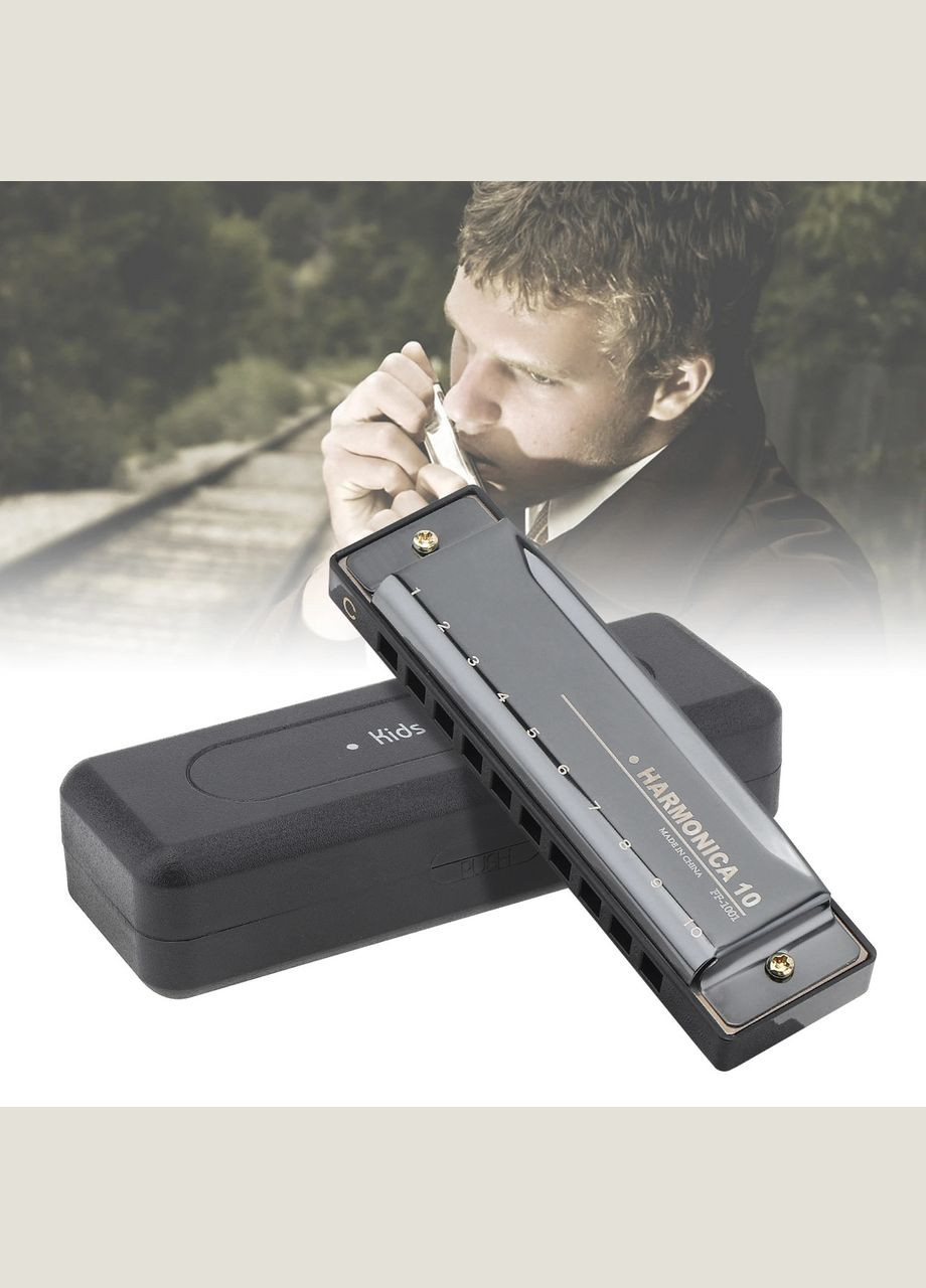 Губна гармоніка FF-1001 на 10 отворів 20 тонів лад C для початківців матова чорна з нержавіючої сталі No Brand (347641191)