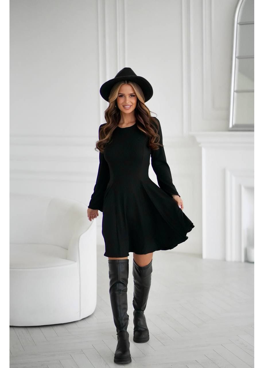 Чорна кежуал жіноча сукня міні в рубчик із спідницею кльош кльош MonCher