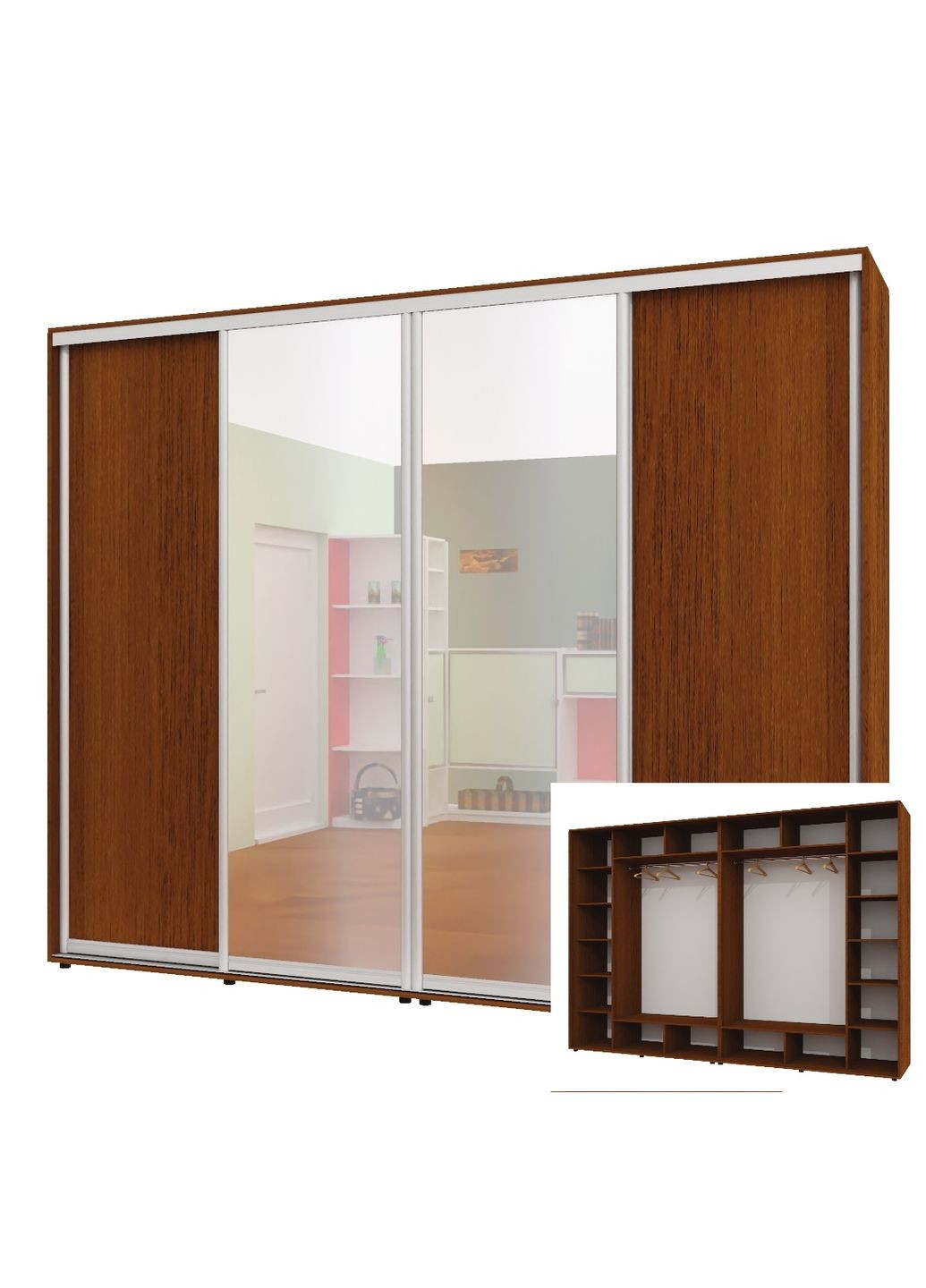 Шкаф-купе четырехдверный 280*60*230 см Орех лесной 4 двери ДСП + Зеркало + Зеркало + ДСП ШК-02 Алекса (360442823)