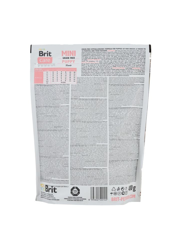 Корм сухий Grain Free Mini Puppy Lamb для цуценят та молодих собак мініатюрних порід з ягням 400 г Brit (362701201)