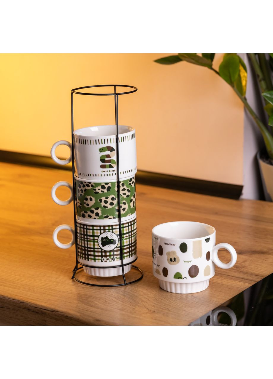 Набор чашек для чая и кофе на металлической подставке Lucky 4 (шт) по 300 (мл) подарочный набор фарфоровых чашек FM-16 Yiwu (369654020)