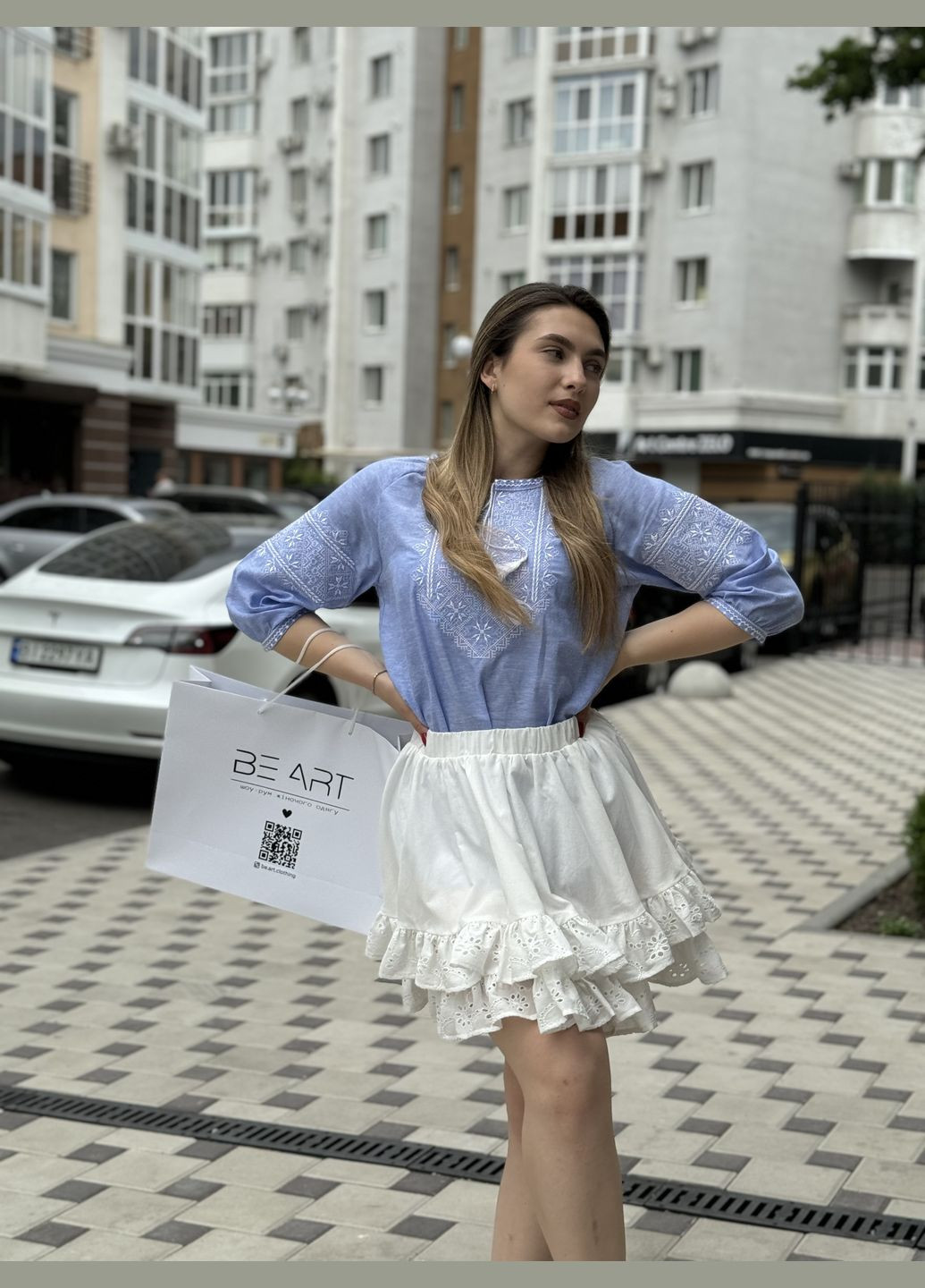 Светло-голубая вышиванка женская из льна BeART узор орнамент свободная лен (300584651)