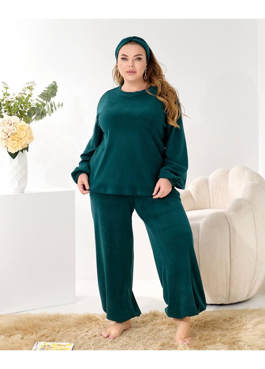 Изумрудный зимний домашний комплект тройка (костюм+чалма) изумрудного цвета 35963 Fashion