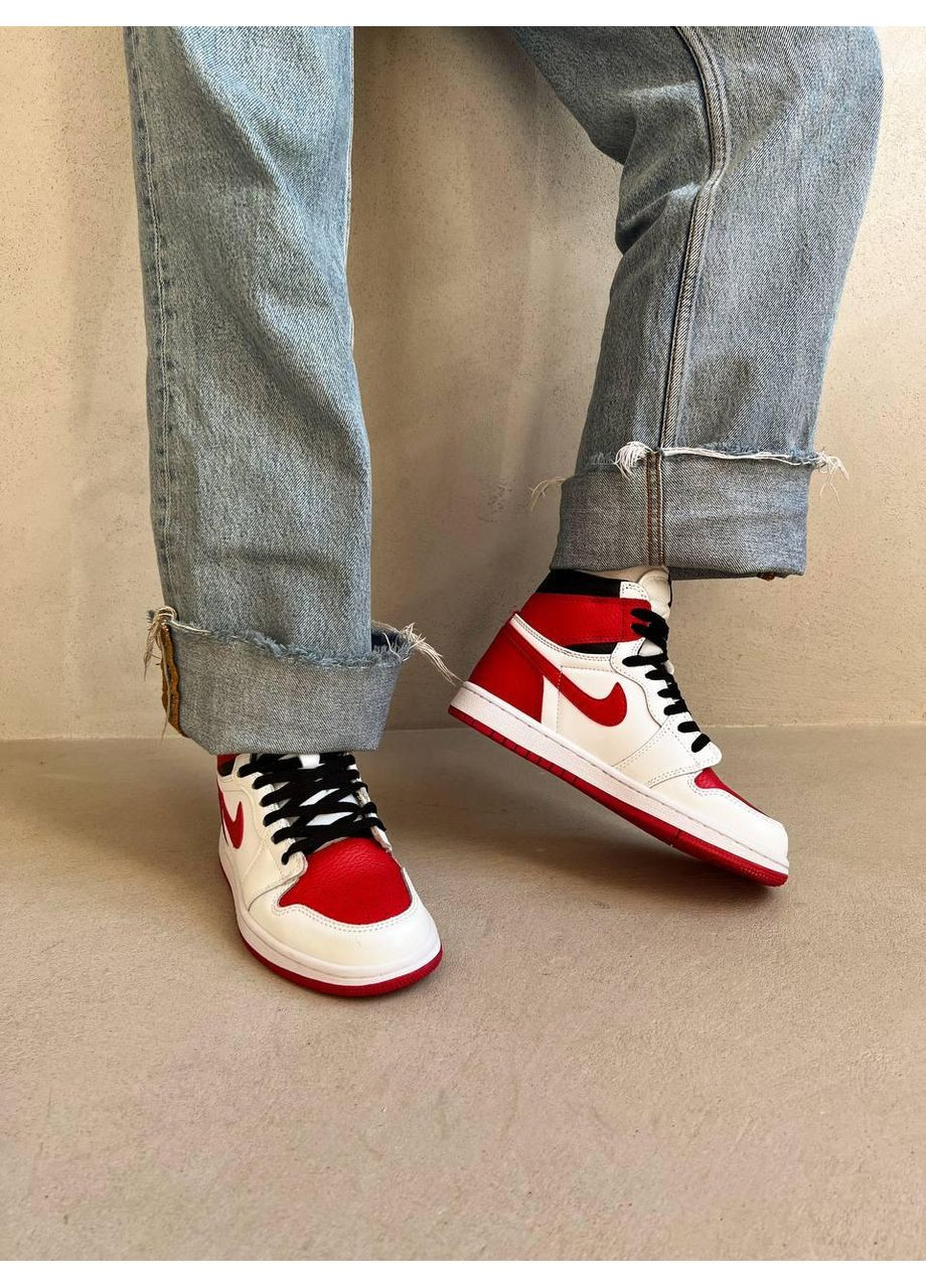 Білі Осінні кросівки чоловічі nike air jordan 1 retro white university red найк аір джордан No Brand