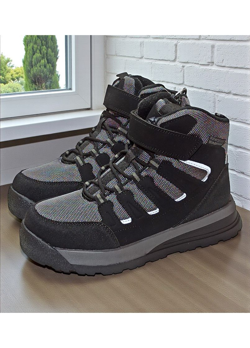 Серые подростковые зимние дутики на овчине для мальчика, термоботинки на овчине для мальчика, зимние ботинки для подростка Biki на липучке