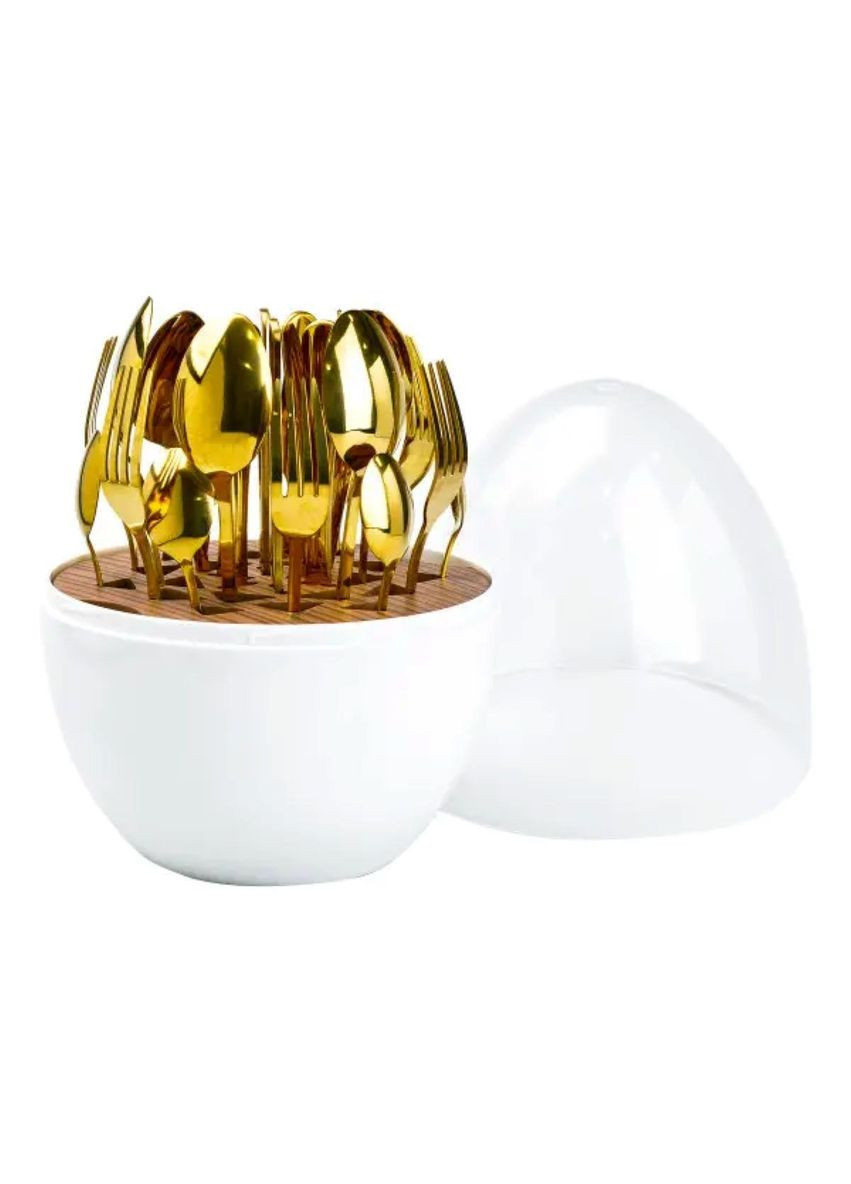 Набір столових приладів золотих на 6 персон із нержавіючої сталі 24 штуки з підставкою Білий HP7888 TS Kitchen (369654256)