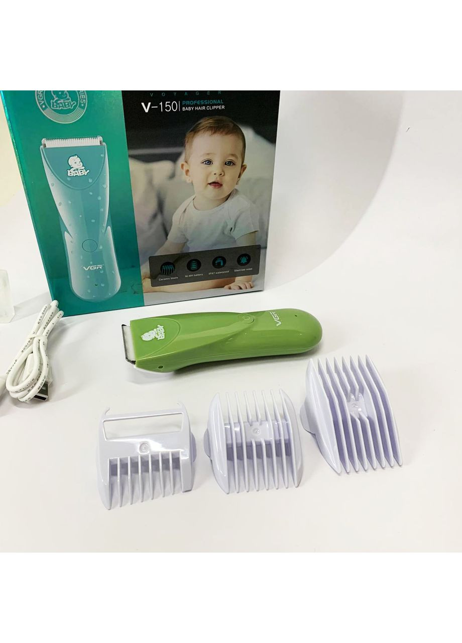 Очень тихая беспроводная машинка для стрижки волос детей V-150 с насадками. Цвет: зеленый VGR (364665519)