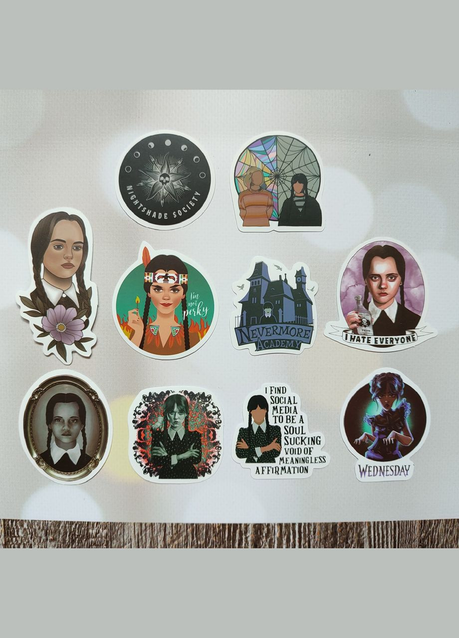 Наклейки, наліпки, стікери, стікерпак "Сімейка Аддамс. Уенздей. Wednesday". Набір з 10 шт SureGeek (322243847)