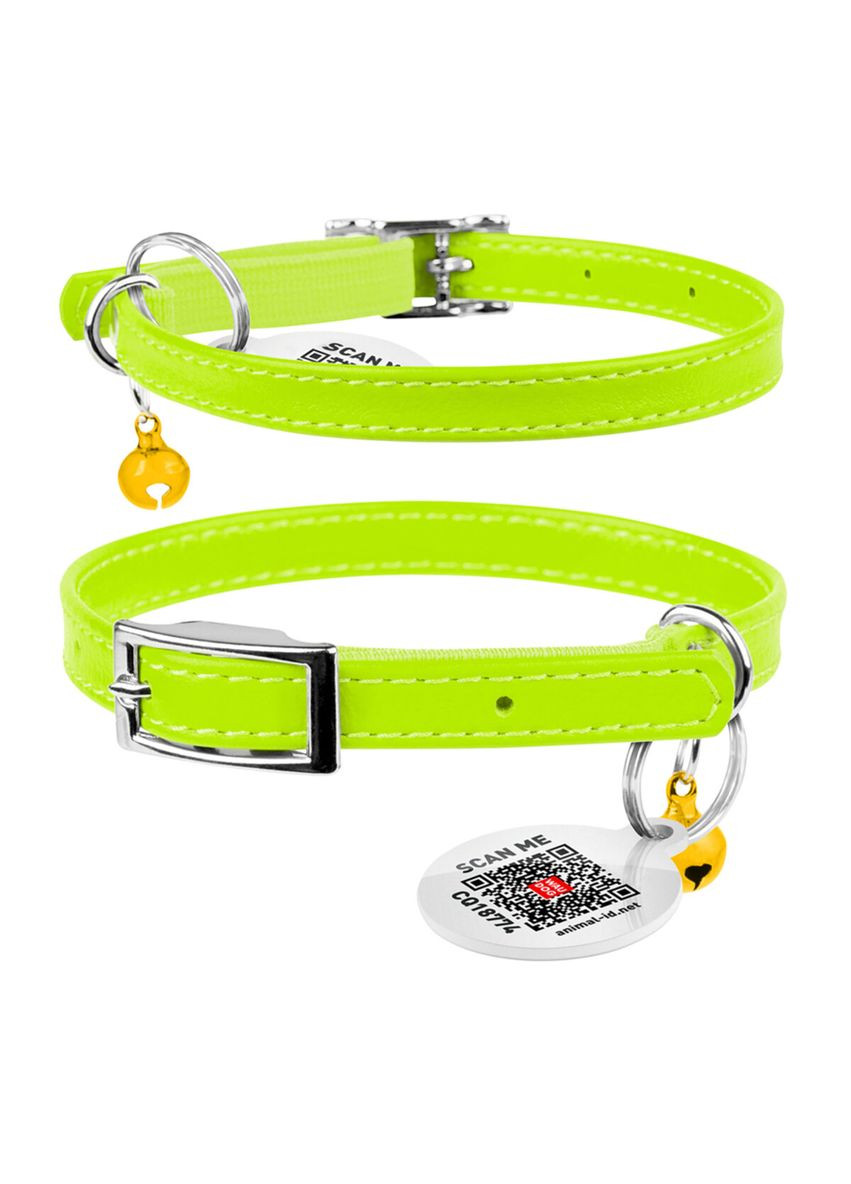Ошейник для кошек кожаный Glamour с QR паспортом, XXS, Ш 9 мм, Длин 17-20 см салатовый WAUDOG (322641574)