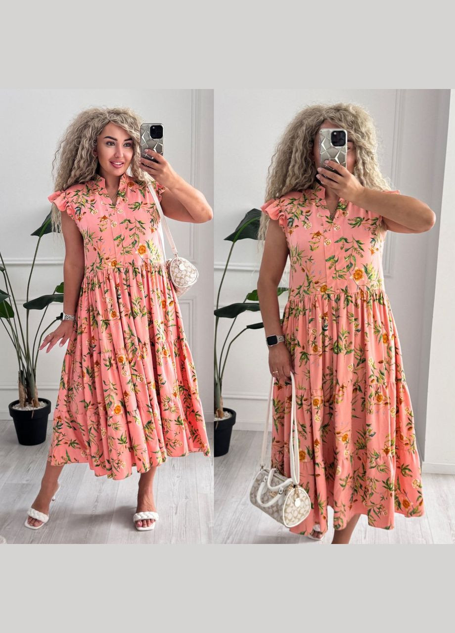 Персиковое повседневный, кэжуал женское платье Україна с цветочным принтом
